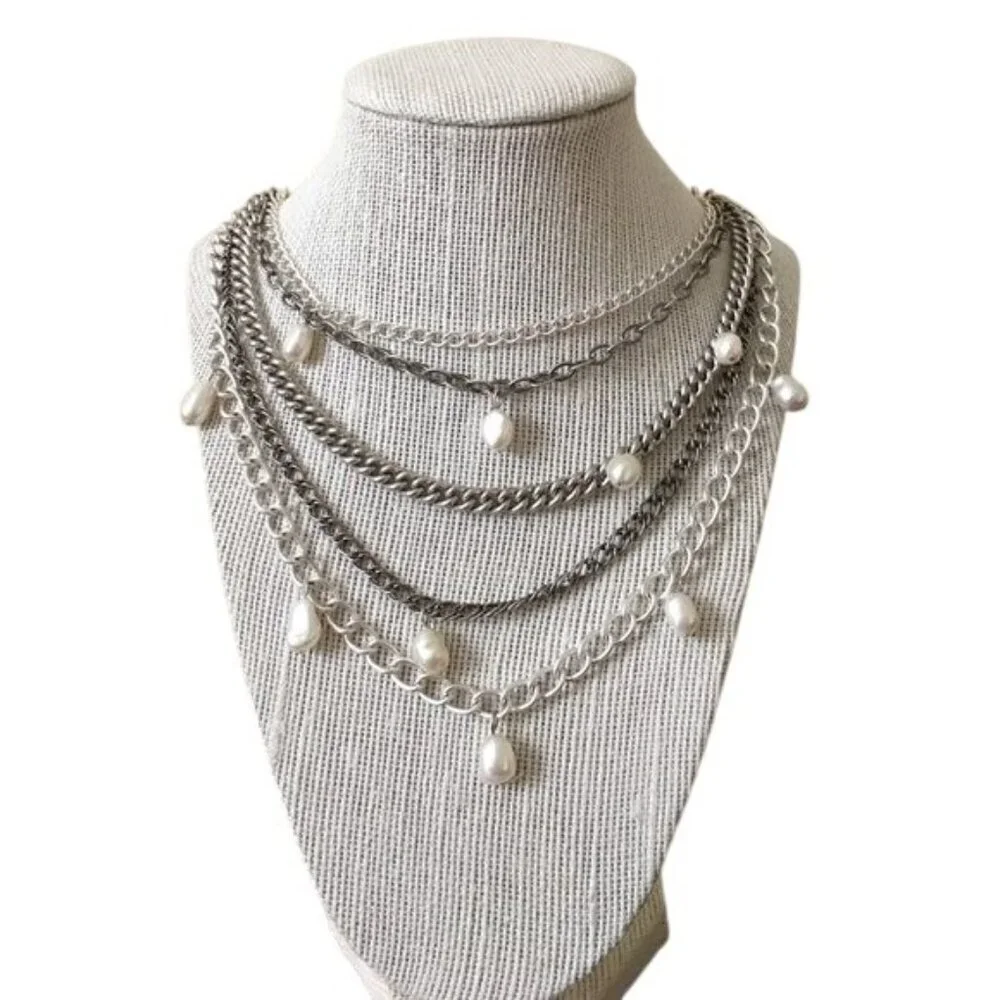 Stella & Dot Avery Multi-Strand Silver Tone and Pearl Necklace